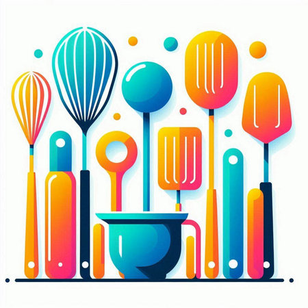 kitchen utensils and utensils abstract colorful vector illustrationのイラスト素材