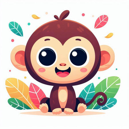 Cute little monkey sitting on the ground with leaves. Vector illustrationのイラスト素材