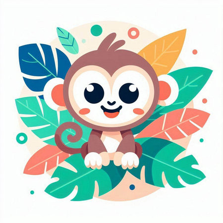 Cute cartoon monkey sitting on tropical leaves. Vector illustration in flat style.のイラスト素材