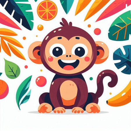 Cute cartoon monkey with tropical leaves and fruits. Vector illustration.のイラスト素材