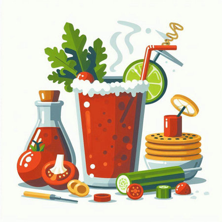 Tomato juice and ingredients. Vector illustration in cartoon style on white background.のイラスト素材