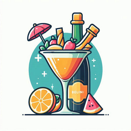 Cocktail icon in flat style. Vector illustration of a cocktail with fruits and ice.のイラスト素材