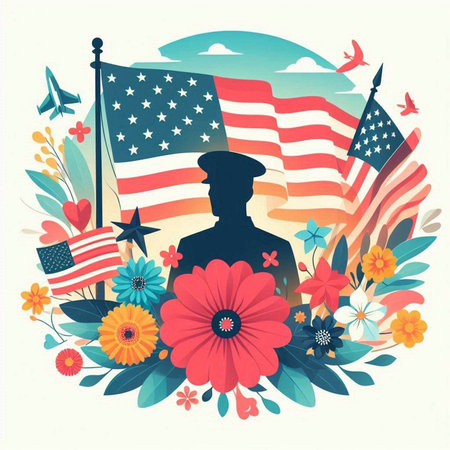 American flag, soldier and flowers. Vector illustration for your design.のイラスト素材