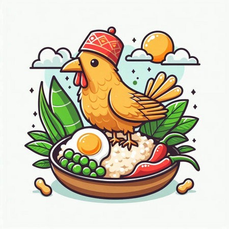 Illustration of a chicken with rice and egg. Vector illustration.のイラスト素材