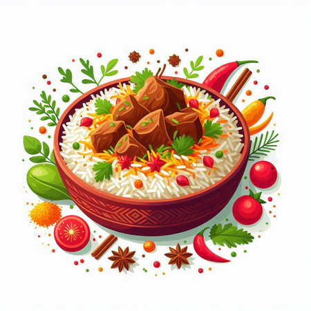 Rice with meatballs in a bowl. Vector illustration on white background.のイラスト素材