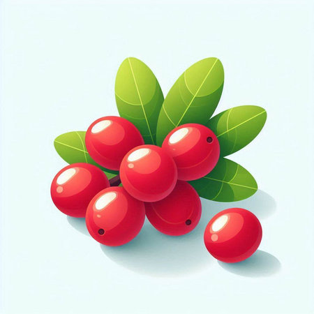 Cranberries with green leaves on blue background. Vector illustration.のイラスト素材