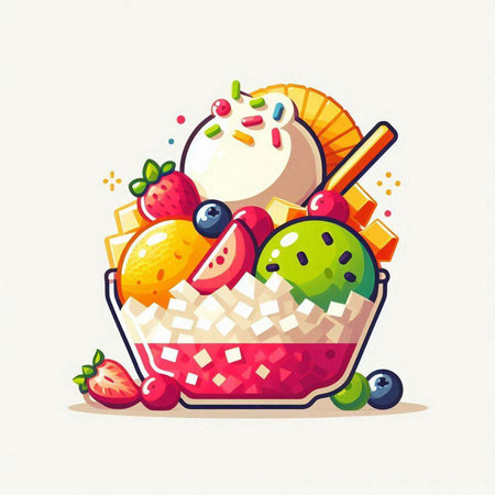 Vector illustration of a basket with ice cream, fruit and berries.のイラスト素材