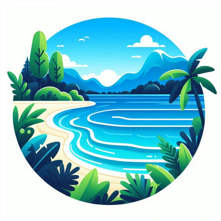 Tropical beach with palm trees and blue ocean. Vector illustration.のイラスト素材