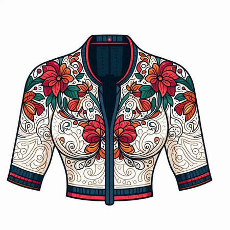 Vector hand drawn illustration of men's jacket with floral ornament. Isolated on white background.のイラスト素材