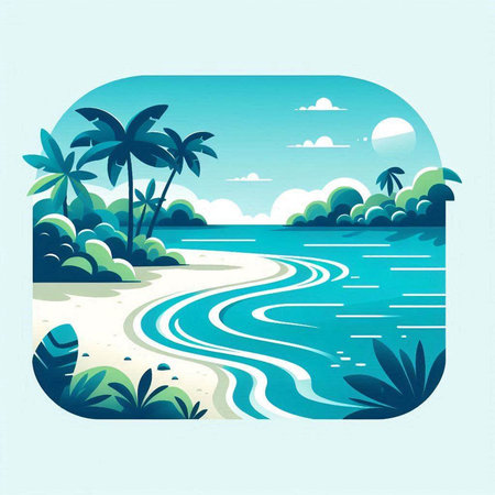 Tropical island with palm trees and sea. Vector illustration.のイラスト素材