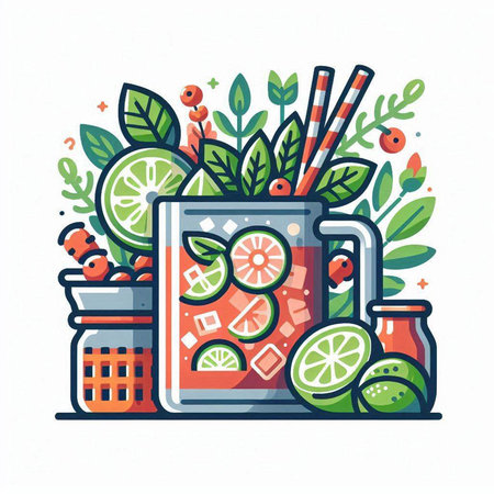 Lemonade in a glass with straws and fruits. Vector illustration.のイラスト素材