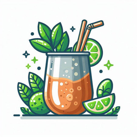 Cocktail with lime, mint and straws. Vector illustration.のイラスト素材