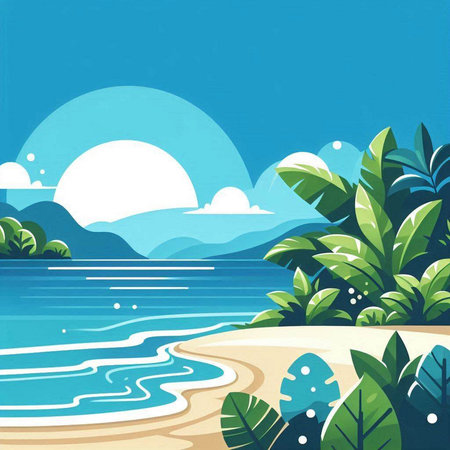 Tropical beach with palm trees and blue sky. Vector illustration.のイラスト素材