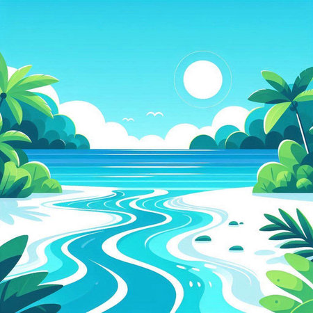 Beautiful seascape with palm trees and blue sky. Vector illustration.のイラスト素材