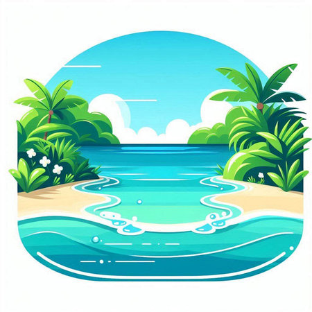 Tropical beach with palm trees and blue sea. Vector illustrationのイラスト素材