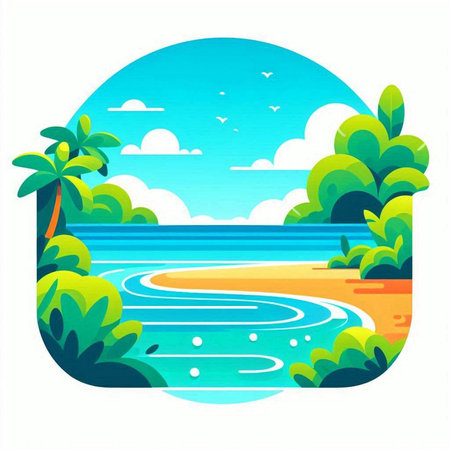 Summer beach with palm trees and sea, vector illustration in flat styleのイラスト素材