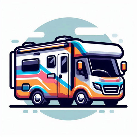 Vector illustration of a camper van on the background of the sunのイラスト素材