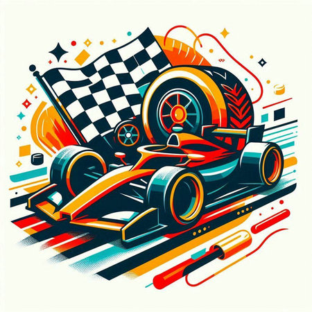 Vintage race car with checkered flag, vector illustration.のイラスト素材