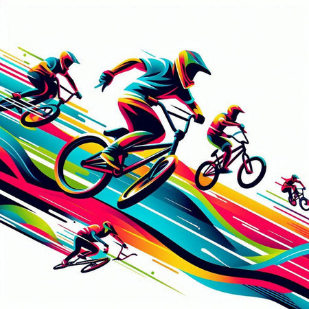 Bicyclists racing on the road, abstract vector illustration.のイラスト素材