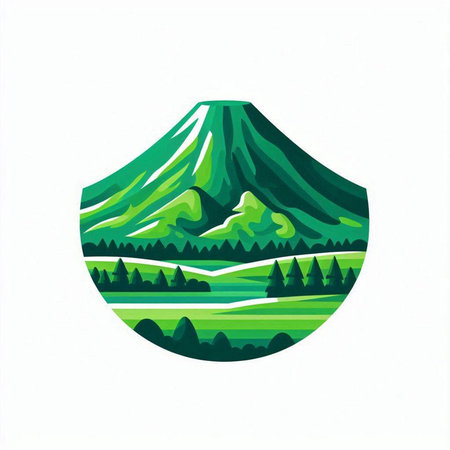 Mountains and forest in the form of a shield. Vector illustration.のイラスト素材