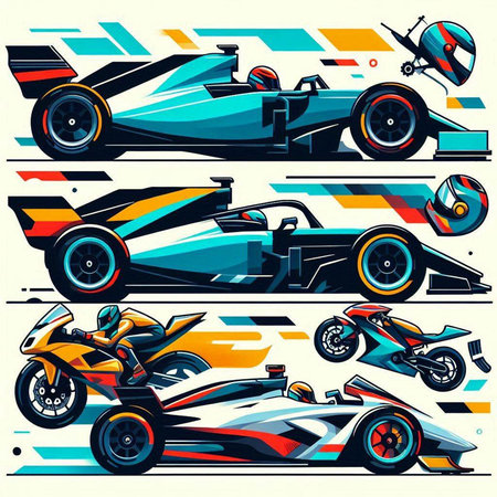 Set of racing car vector illustration. Modern style design elements for t-shirt print, poster, card, flyer.のイラスト素材