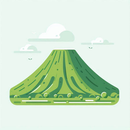 Vector illustration of a green field with a volcano in the background.のイラスト素材