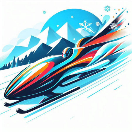 snowmobile in winter mountains with snowflakes, vector illustrationのイラスト素材