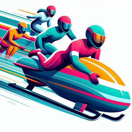 Bobsleigh riders on the track. Vector illustration in retro styleのイラスト素材