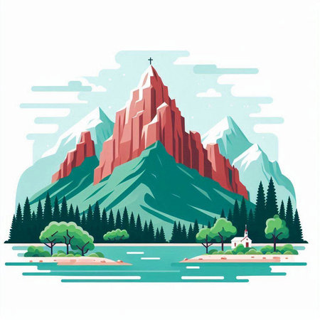 Mountains and lake. Vector illustration in flat style on white background.のイラスト素材
