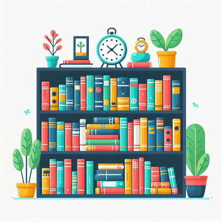 Bookshelf with books, alarm clock and plant. Flat design vector illustration.のイラスト素材