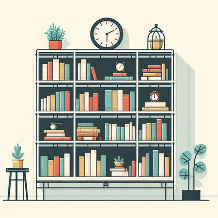 Illustration of bookshelves with books, clock and plants.のイラスト素材