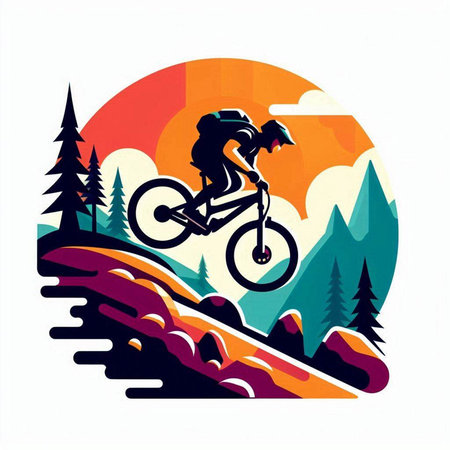 Mountain biker in the mountains. Vector illustration on white background.のイラスト素材