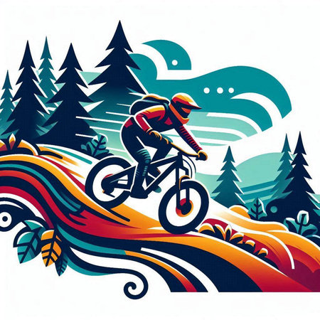 Mountain biker on the background of the forest, vector illustrationのイラスト素材