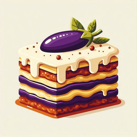 Illustration of a cake with a purple eggplant on a white backgroundのイラスト素材