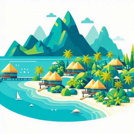 Tropical island with water bungalows. Vector illustration.のイラスト素材