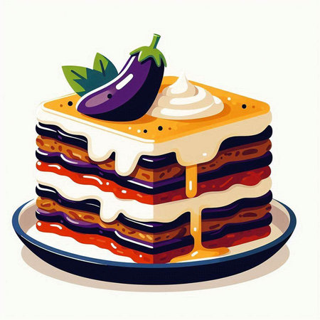 Vector illustration of a piece of cake with eggplant on a plateのイラスト素材