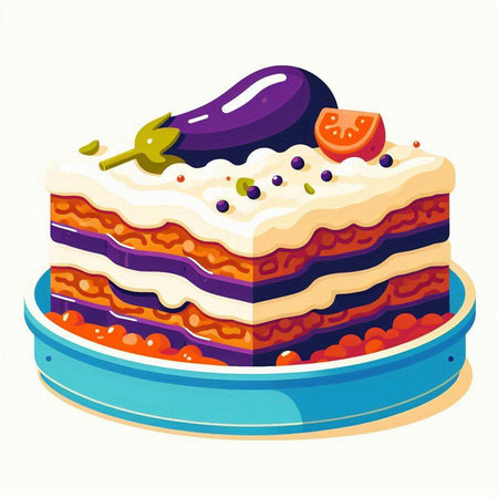 Vegetable cake with eggplant and tomato, vector illustration.のイラスト素材