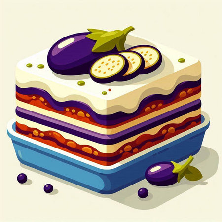 Illustration of a layered eggplant cake on a white background.のイラスト素材