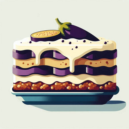 Vector illustration of a piece of cake with eggplants on a plateのイラスト素材