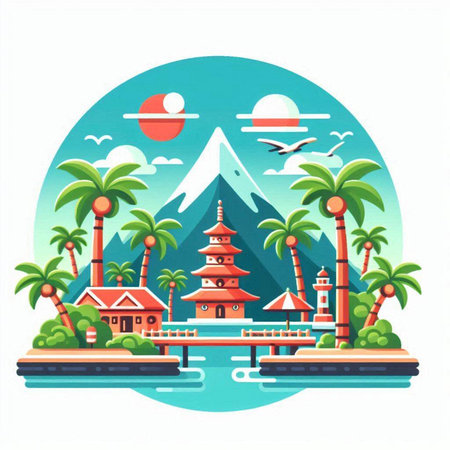 Pagoda and temple on the island. Vector illustration in flat styleのイラスト素材