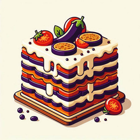 Illustration of a layered cake with eggplant, tomatoes and creamのイラスト素材