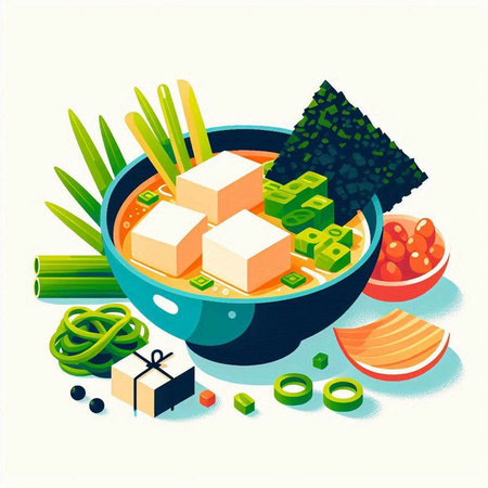 Soybean soup with tofu and fresh vegetables in a bowl. Vector illustration.のイラスト素材