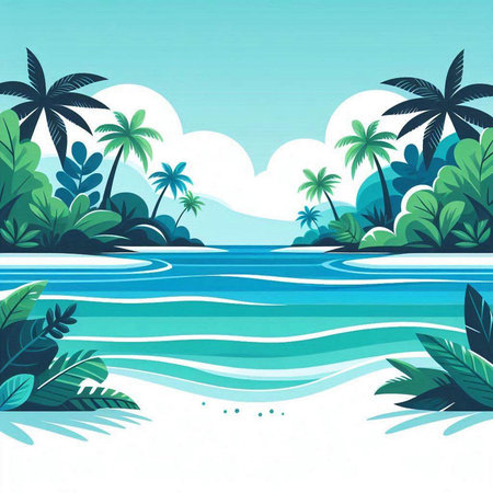 Tropical beach with palm trees and sea. Vector illustration.のイラスト素材