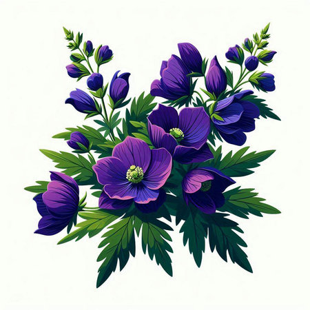 Vector image of a bouquet of purple anemones on a white backgroundのイラスト素材