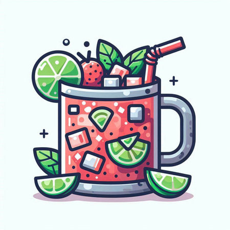 Strawberry mojito cocktail with lime and mint. Vector illustration.のイラスト素材