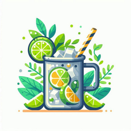 Cocktail with lime, ice and straw. Vector illustration.のイラスト素材