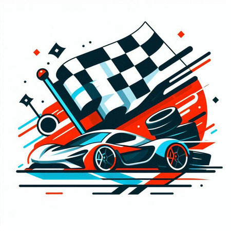 Racing car vector illustration, sport car on race track with checkered flag.のイラスト素材