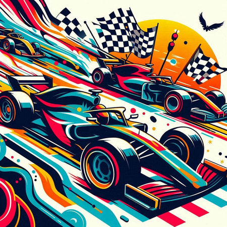 Vector illustration of a racing car on a racing track in the style of pop artのイラスト素材