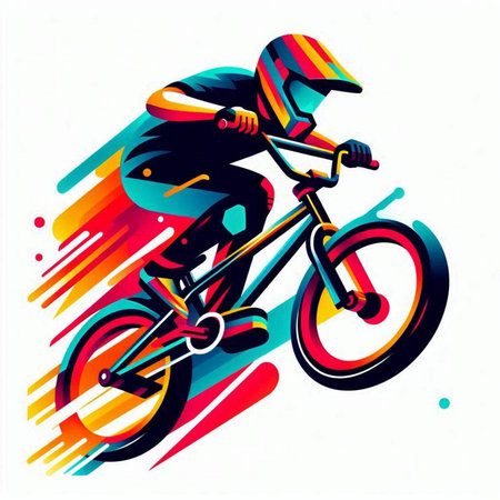 Biker riding a bicycle on colorful grunge background. Vector illustration.のイラスト素材