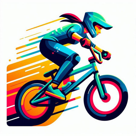 Cyclist riding a bike on a colorful background, vector illustrationのイラスト素材